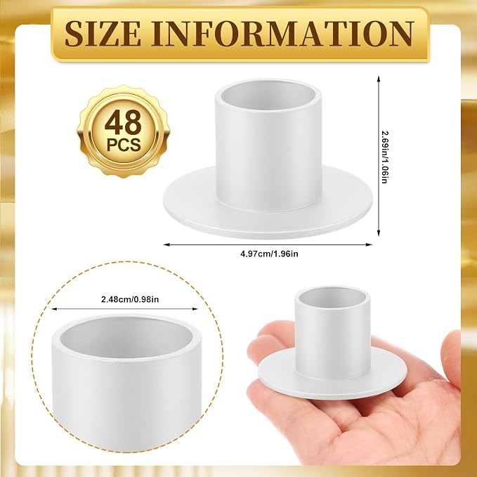 48 Pcs White Metal Taper Candle Holders Bulk for Wedding Pillar Candles Taper Candlesticks Holders Centerpieces Short Candle Stick Dinner Decor for Party Anniversary Dinning Table Gift (48, White)