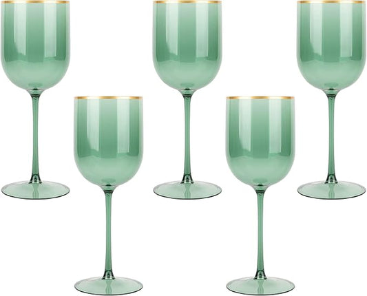 Green Wine Cup with Gold rim Plastic Wine Glasses Set of 10 Elegant Wine Goblets Hard Plastic Champaign Cups on Stem 12 Ounce Christmas Cups