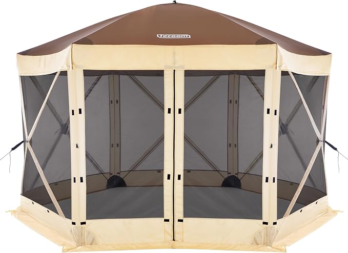 Tecoom 12x12ft 6-Sided Pop Up Gazebo Tent, Canopy Shelter Tent with Mesh Windows for Camping, Portable Large Shade Tents Removable Siedwalls for Outdoor, Garden, Lawn, and Backyard