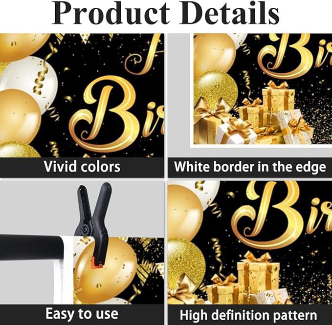 7x5ft Black Gold Birthday Backdrop, Golden Balloons Glitter Star Party Photo Background Banner