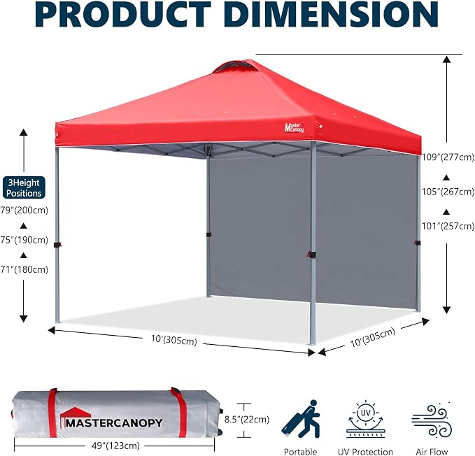 MASTERCANOPY 10x10 Pop Up Canopy Tent with 1 Sidewall, 1 Person Setup Instant Shelter, Outdoor Portable Beach Canopy, 1 Roller Bag, 4 Sandbags, 4 Ropes, 8 Stakes (10x10, Red)