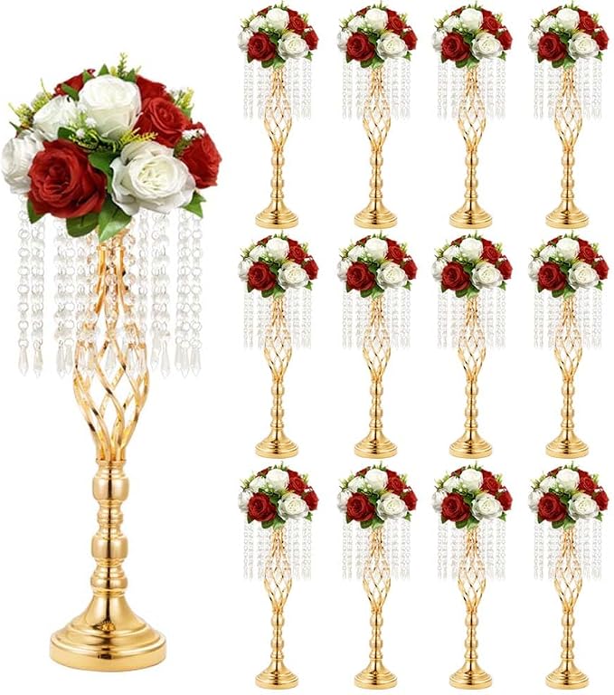 16 pcs 21.65 Inch Wedding Gold Flower Centerpieces Crystal Metal Flower Vase Wedding Centerpieces for Tables Decorations