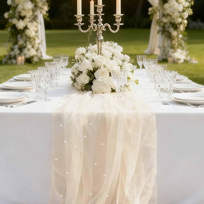 WELTRXE 6PCS Beige Pearl Table Runner 10ft, Boho Rustic Tulle Lace Table Runner 30x120 Inch for Wedding Decor Birthday Party Dining Table Cover, Champagne