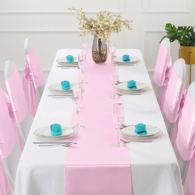 Horbaunal 2 Pack Light Pink Satin Table Runner 12 x 108 Inch, Smooth Table Runners for Wedding Banquets Birthday Party