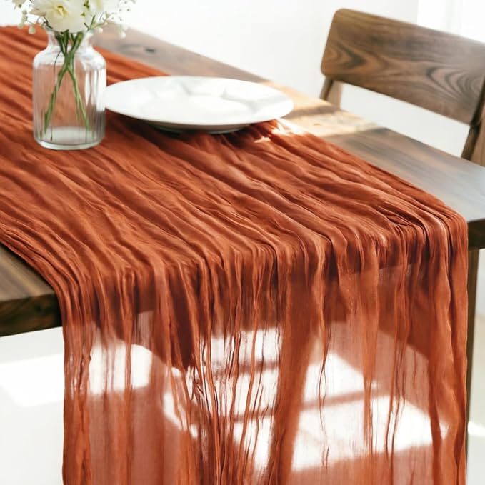 LINXTAR Terracotta Cheesecloth Table Runner 120 Inches 10Ft Gauze Summer Boho Table Runner for Wedding Tea Party Baby Shower Bridal Birthday Home Decoration
