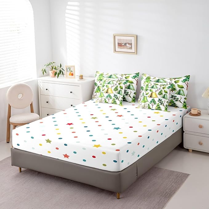 jejeloiu Happy Camping Comforter Set with Sheets Queen Size 7 Pieces Kids Summer Tree Branches Woodland Bedding Set for Boys Girls Leaves Pattern Nature Theme Bed in a Bag Room Decor