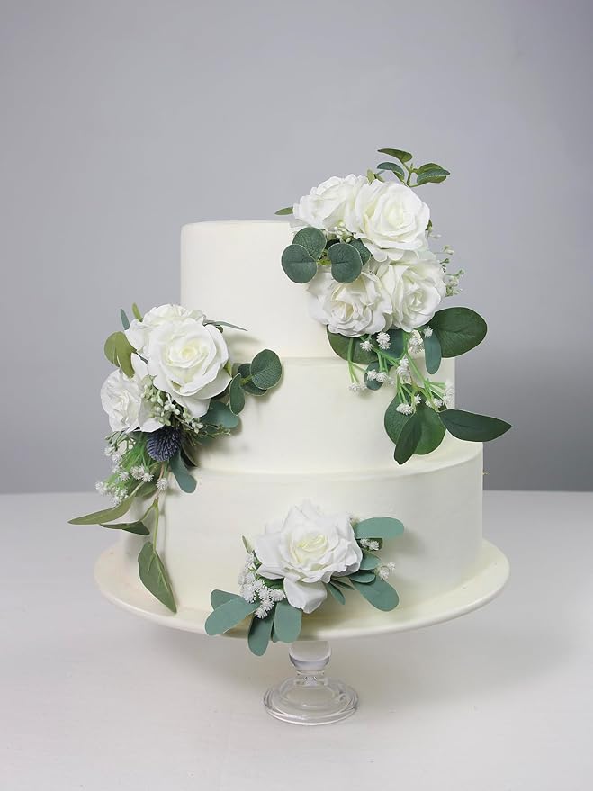 Rinlong 3Pcs Pre-made Cake Flowers White Green Cake Decorations Wedding Cake Decorating Flowers Decor Birthday Baptism Party Artificial Flowers Cake Toppers