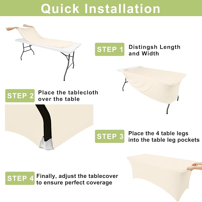 Moosfor Spandex Elastic Fitted 8FT Rectangle Tablecloth 6 Pack, Stretch Washable Reusable Table Cover for Outdoor Picnic, Dining, Wedding, Banquet & Party Events (Beige, 96Lx30Wx30H Inch)