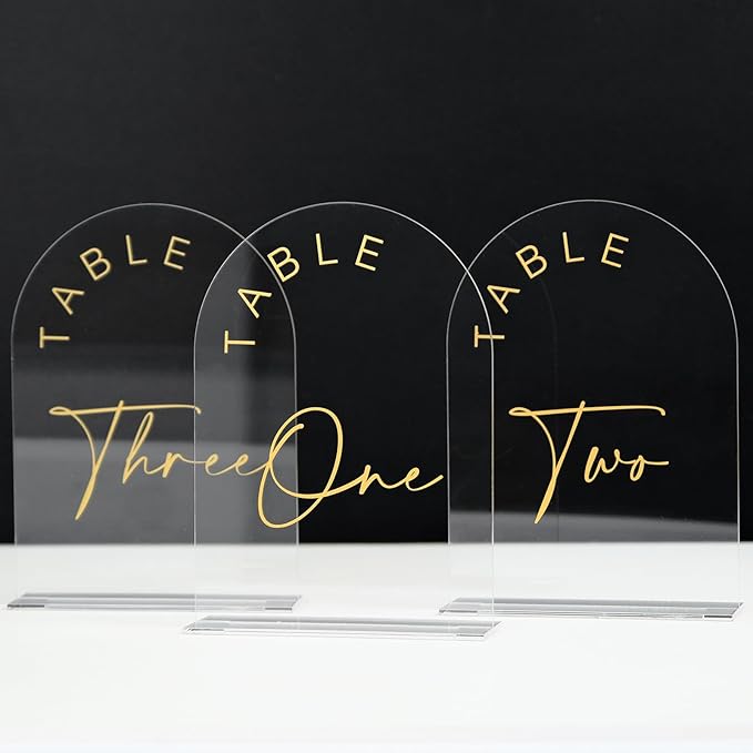 JINMURY Acrylic Arch Table Numbers with Stands, 5x7 Inch Acrylic Arch Sign Table Numbers for Wedding (Clear Gold Font, 5x7 Inch Table Number 1-15)