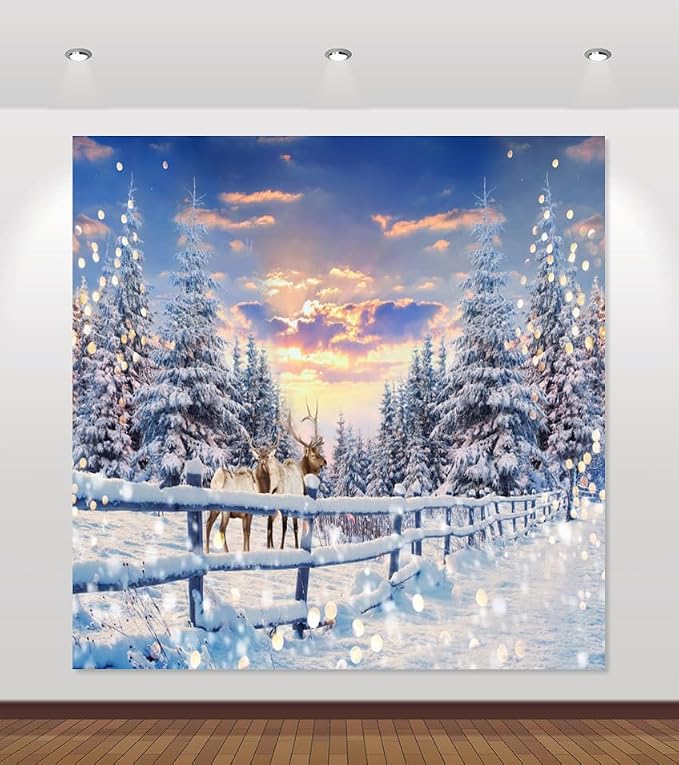 Winter Wonderland Christmas Backdrop 10x10ft for Photography Forest Reindeer Snow Winter Scene Backdrop for Pictures Christmas Party Holiday Background Decorations Photo Booth