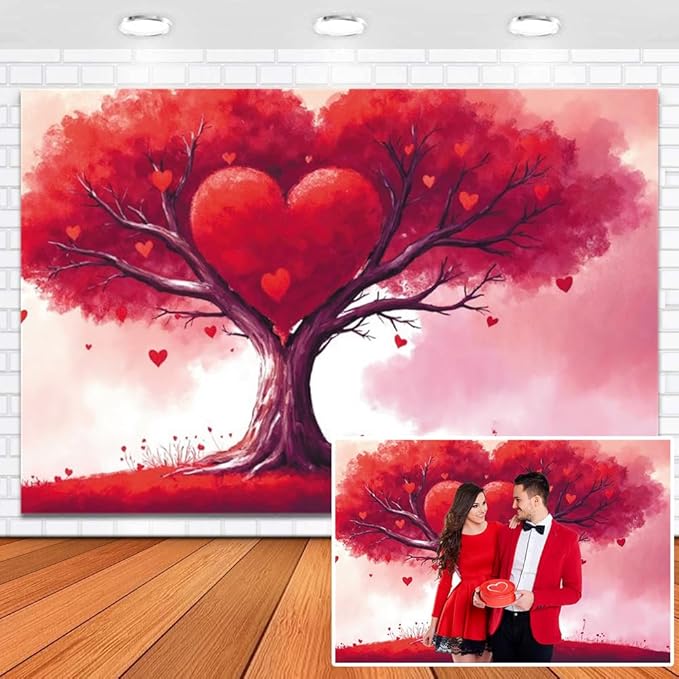 9x6ft Vinyl Red Heart Backdrop Valentines Heart Tree Background Happy Valentine's Day Wall Decor Mother's Day Bridal Engagement Backdrops for Photography
