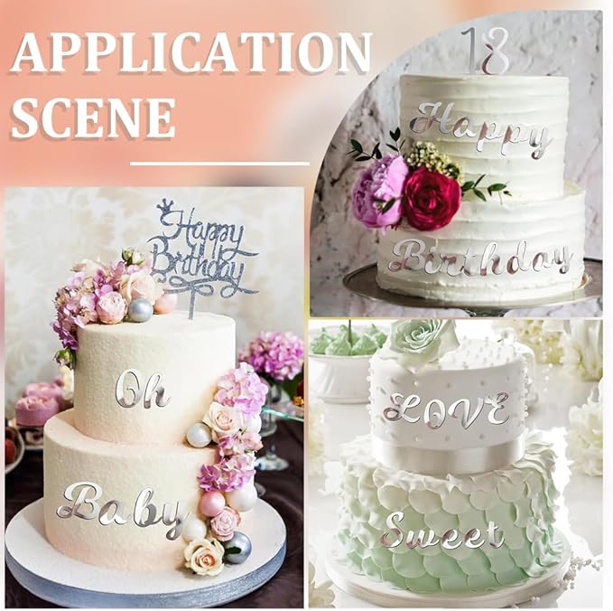 128Pcs Happy Birthday Cake Toppers Acrylic Silver Alphabet Number Cake Topper Mirror Alphanumeric DIY Cupcake Candles Decoration for Men Women Wedding Anniversary Birthday Party Supplies