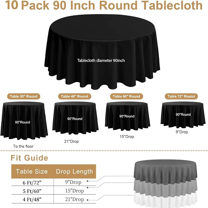 10Pack Black Round Tablecloth 90 Inch, Polyester Fabric Round Table Cover, Stain & Wrinkle Resistant Washable Table Cloth for Wedding, Party, Banquet, Dining Decor