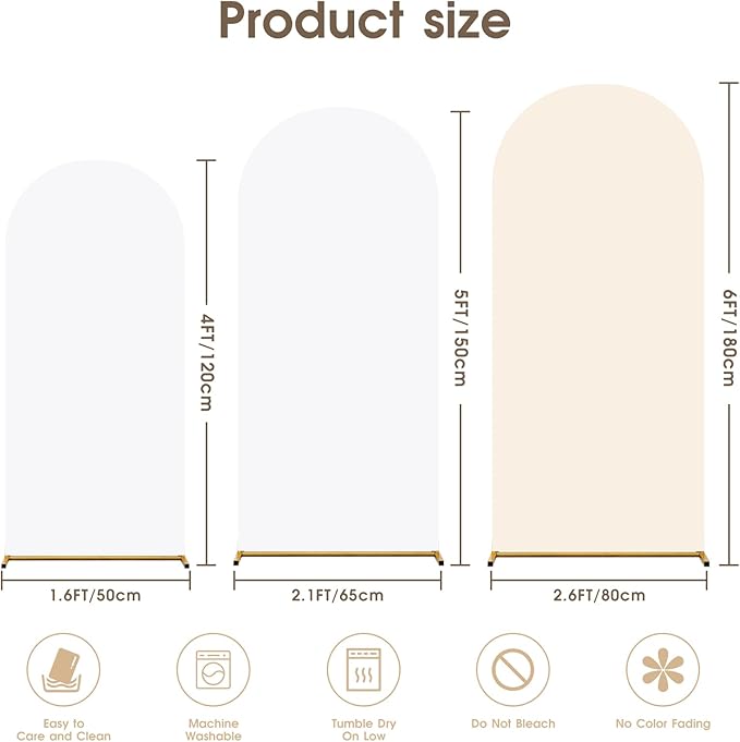 Arch Backdrop Cover Set of 3 Double Color 4ft/5ft/6ft Wedding Arch Cover Spandex Fitted Arch Covers,Round Top Arch Backdrop Cover for Baby Party Birthday Banquet Shower (White+Cream)