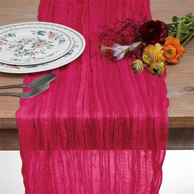 8 Pack Hot Pink 10 Ft Cheesecloth Table Runner 35x120 Inch Boho Wrinkled Sheer Romantic Gauze Decor for Wedding, Bridal Shower, Birthday Party