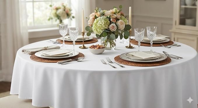 10 Pcs 90 Inch Round Tablecloth, White Polyester Table Cover, Soft, Easy to Iron & Reusable for Dining Room, Wedding, Party, Indoor & Outdoor Use