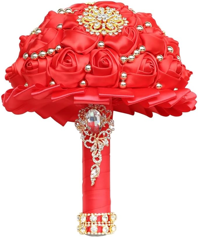 Red Bridal Wedding Bouquet Luxury Gold Rhinestone Brooch Bouquet for Bride Bridesmaid Quinceanera Satin Red Rose Artificial Flower Bouquet Wedding Red 9.5in