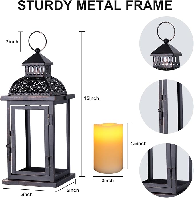 No Glass Lanterns Decorative Indoor & Outdoor, 15'' Candle Lantern Decorative Christmas Indoor Outdoor Decor, Vintage Metal Hanging Lanterns with LED Candle for Patio, Front Porch,Yard, Table