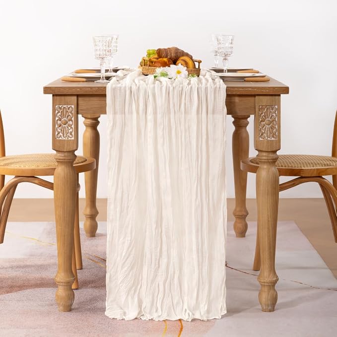 MLMC 2 Pack Ivory White Table Runner Rustic Gauze Cheesecloth Table Runner 10ft Cheese Cloth Centerpiece Decor 35x120 Inches for Dessert Anniversary Wedding Bridal Baby Shower Decor