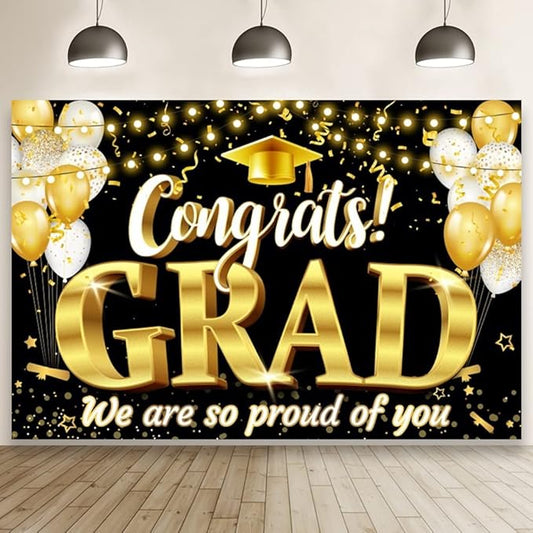 Graduation Backdrop Black Golden 2025 Grad Congrats Banner for Graduation Party Decoration Class of 2025 Commencement Decoration Prom Party Supplies Decorations Banner Photo Booth Props 8x6ft