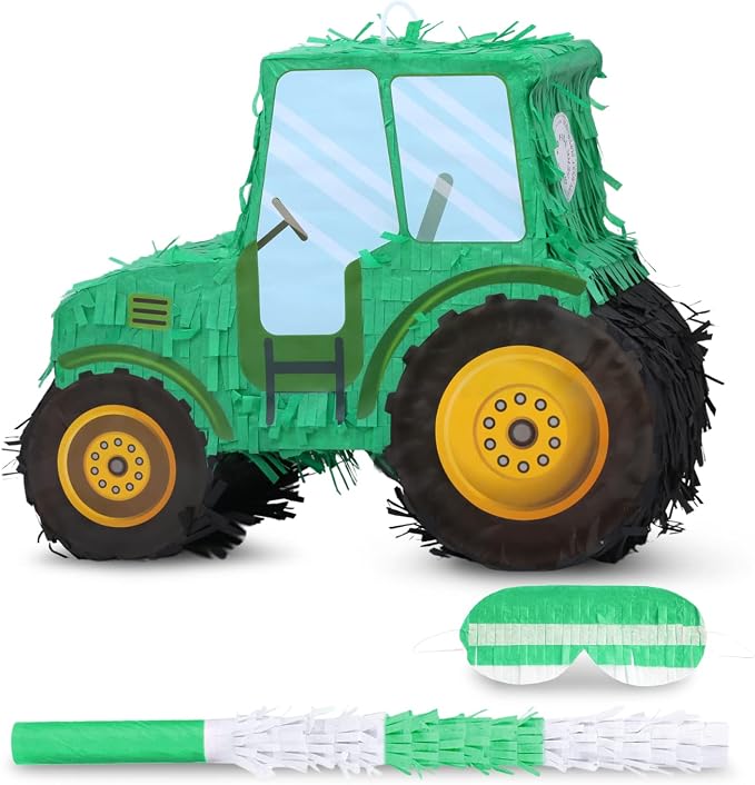 Tractor Pinata Bundle with a Blindfold and Bat(15.8 x 6.7 x 12 Inches), Kids Excavator Pinata for Construction Birthday Parties, Boys Birthday Party Supplies