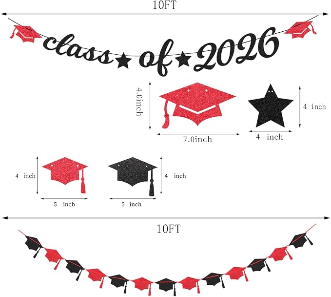 Red Black Party-Decoration Graduation Banner - 14pcs Kits Cap Garland Streamers, Paper Tissue Pom Poms Flowers Fans Honeycomb,Class Of 2026 College High School Grad Decor Hugfond