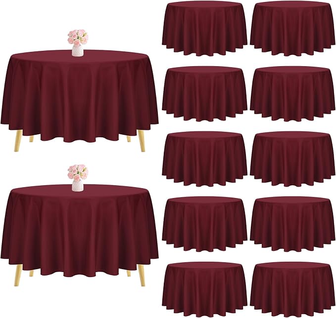 Pesonlook 12 Pack Round Tablecloth Burgundy Polyester 90 Inch Washable Fabric Round Table Cover Burgundy Tablecloth for Wedding/Party/Banquet/Dining/Buffet Table