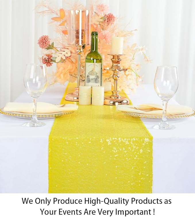 ShinyBeauty Table Runners Pack of 10 Home Decor Sequin Table Runners Yellow 12x108-Inches Wedding Graduation Party Supplies Birthday Table Cloth Baby Shower Table Linen Supplies