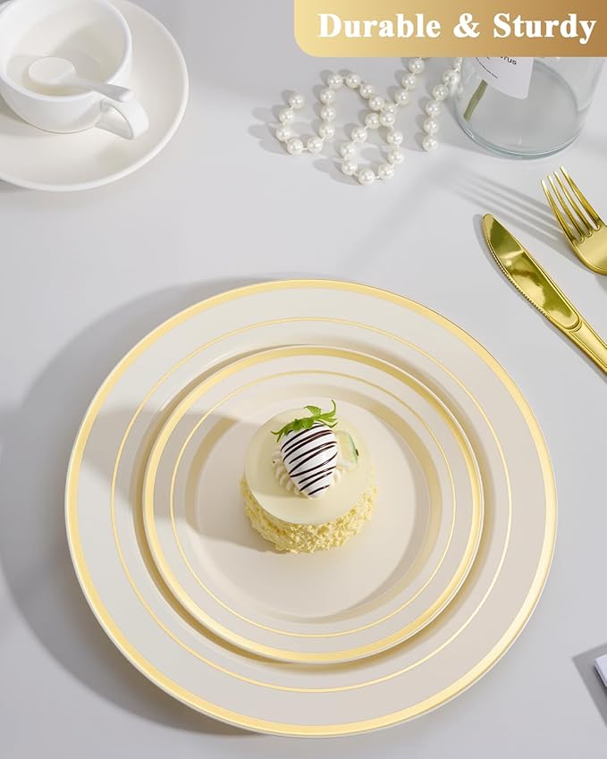 Goodluck 200 PCS Ivory and Gold Plastic Plates, Heavy Duty Disposable Ivory Plates with 100 10.25 inch Dinner Plates and 100 7.5 inch Dessert Plates for Party, Holiday, Wedding