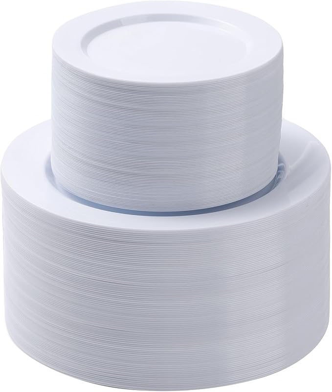 BESTSTAR 200PCS White Plastic Plates Set, 100 10.25 inch Dinner Plate and 100 7.5 inch Dessert Plates, Premium Disposable Plates for Party, Wedding