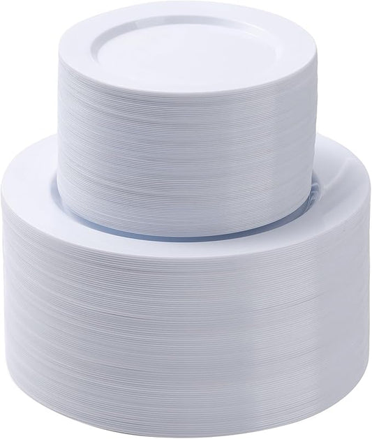 BESTSTAR 200PCS White Plastic Plates Set, 100 10.25 inch Dinner Plate and 100 7.5 inch Dessert Plates, Premium Disposable Plates for Party, Wedding