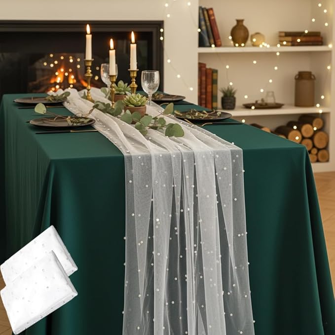 Pearl Table Runner 10FT,White Ivory Tulle Seasonal Cheesecloth Gauze Lace Fabric for Wedding Arch Birthday Bridal Baby Shower Holiday Anniversary Dining Centerpieces Sheer Table Decor 120 Inch 2 Pack