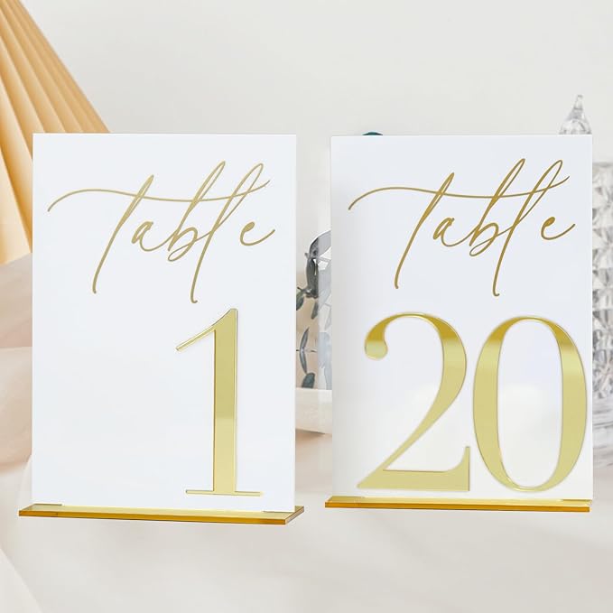 Acrylic Wedding Table Numbers 1-20 with Stands, 5"x7" White Acrylic Signs with 3D Gold Mirror Numbers, White and Gold 3D Table Numbers for Wedding Reception, Anniversary, Event