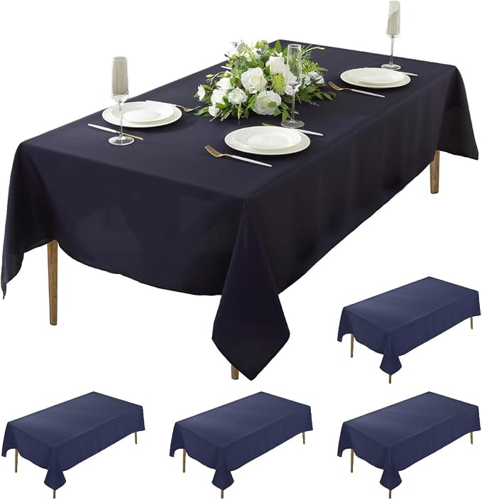 5 Pack Rectangle Tablecloth, 60 x 126 Inch Navy Blue, 8ft Rectangle Table Cloth, Polyester Fabric Washable for Home, Party, Wedding or Restaurant Use