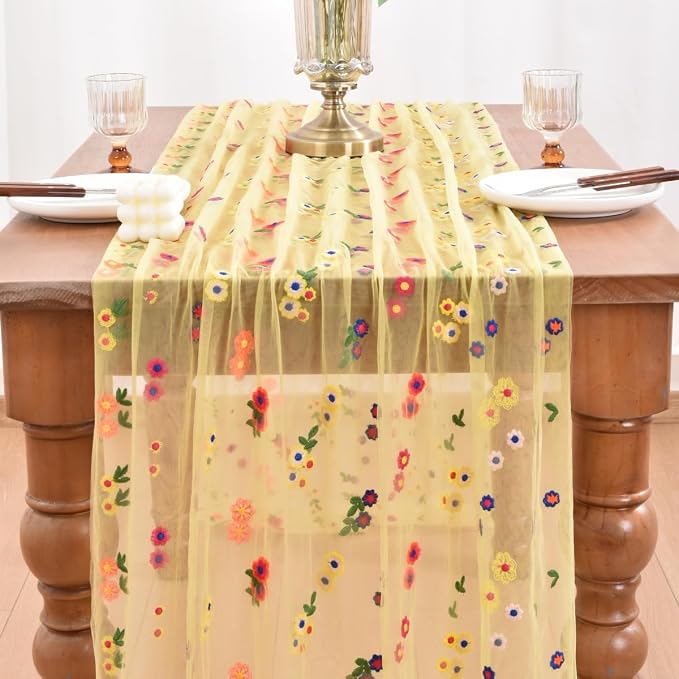 Joanlody 3pcs Yellow Summer Flower Table Runner 10ft Embroidery Daisy Floral Seasonal Tulle Table Runner for Home Garden Tea Party Holiday Birthday Decoration