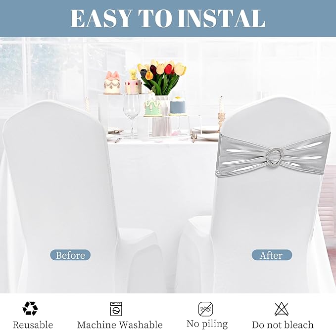 100 PCS Spandex Chair Sashes Bows Premium Stretch Chair Cover Band with Buckle Slider Universal Elastic Chair Ties for Wedding Party Ceremony Events Reception Banquet Decoration (Metallic Silver)