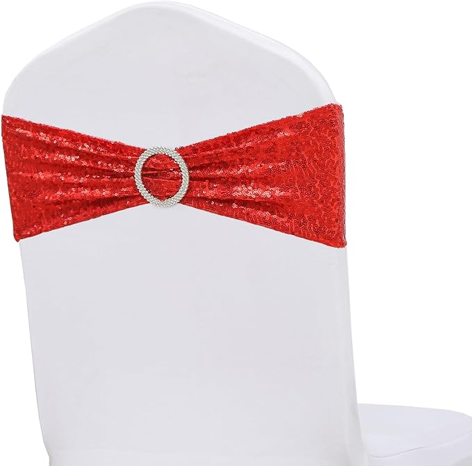 Full Sparkly Sequins Red Chair Sashes for Wedding Decor, Glitter Chair Bands with Buckles, Sequin Chair Bows for Party Ceremony Event Decorations - 100 Pack