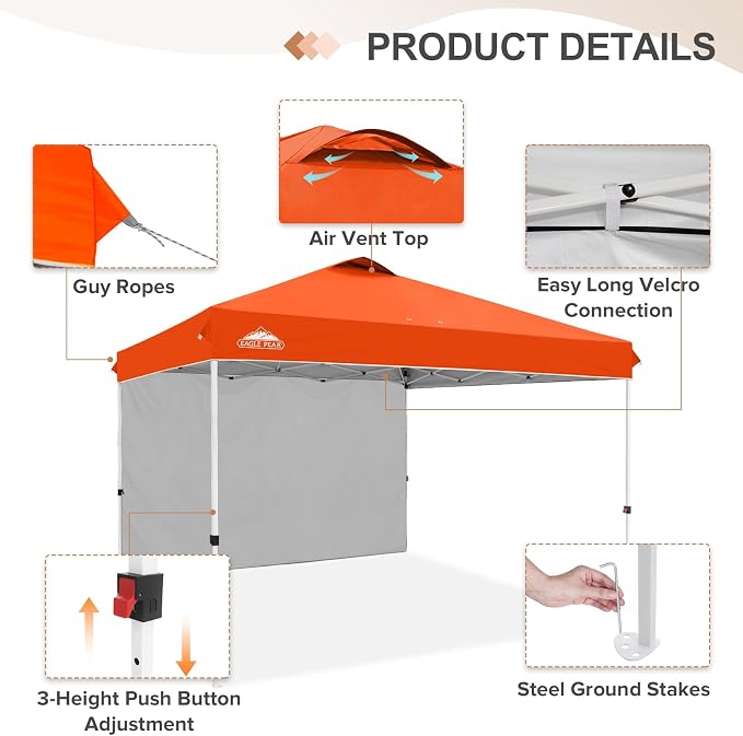 EAGLE PEAK Commercial Canopy 12x12 Pop Up Canopy Tent with 1 Sidewall, Easy Setup Heavy Duty Instant Event Shelter for Vendors & Markets, Outdoor Sun Shade, Orange