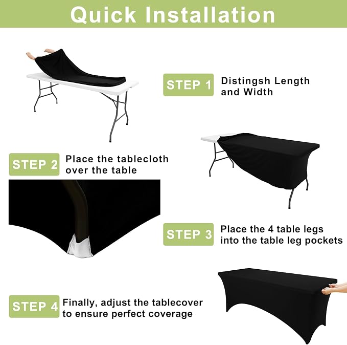 Moosfor Spandex Elastic Fitted 5FT Rectangle Tablecloth 6 Pack, Stretch Washable Reusable Table Cover for Outdoor Picnic, Dining, Wedding, Banquet & Party Events (Black, 60Lx30Wx30H Inch)