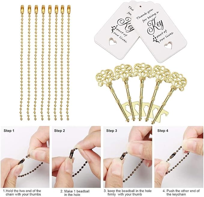 100 PCS Key Bottle Openers,Vintage Skeleton Key Bottle Opener,Wedding Favors Bottle Opener with Tag Cards and Key Chains(Gold)