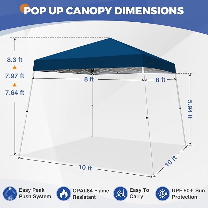 COOS BAY 10x10 Pop Up Canopy Tent, Portable Outdoor Shelter with Carry Bag for Tailgate, Party, Beach, Picnic, and Camping, 10x10 Base 8x8 Top, Dark Blue