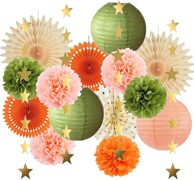 Olive Green and Orange Party Decorations Olive Birthday Party Decorations Peach and Orange Poms Lanterns Beige Fans Decor for Green and Peach Baby Shower Bridal Shower Rustic Wedding Party