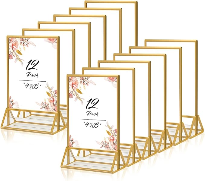 PPH-Sisy Gold Frames 4x6 Acrylic Sign Holder Double Sided Picture Frames for Wedding Table Number Menu Flyer Display for Office Home Party- Pack of 12