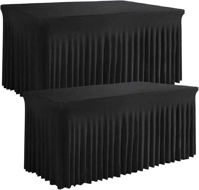 2 Pack Black Table Skirt, Wrinkle-Free Spandex Table Covers 6ft, Elastic Fitted Washable Tablecloth for Rectangle Tables for Wedding, Banquet, Party, Events