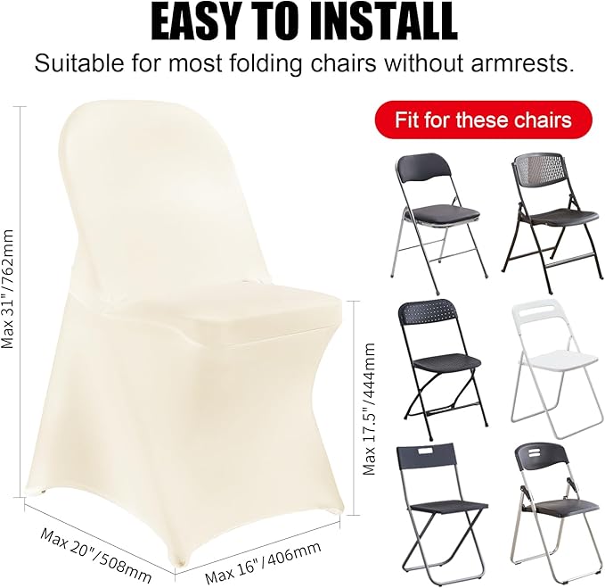 Stretch Spandex Chair Covers - Ivory 100 PCS, Folding Kitchen Chairs Cover, Universal Washable Slipcovers Protector, Removable Chair Seat Covers, for Wedding Party Dining Room Banquet Event
