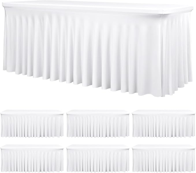 6 Packs White Stretch Table Skirts for 6 Foot Rectangle Table, Washable Spandex Stretch Tablecloths with Skirt, Wrinkle Resistant Fitted Tablecover for Wedding Party Banquet