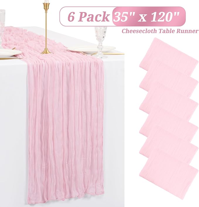 Showgeous 6 Pack Pink Cheesecloth Table Runner, 10FT Long Semi-Sheer Boho or Rustic Gauze Table Runner Wedding Table Decor for Wedding Arch Draping Bridal Shower Holiday Party