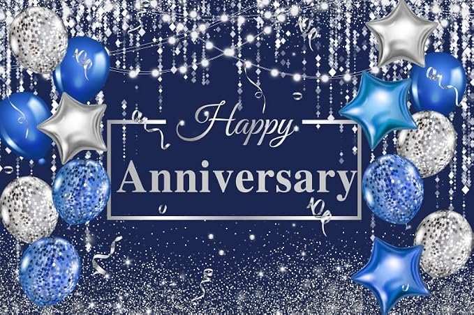 Yeele 10x5ft Happy Anniversary Backdrop Blue and Silver Balloons Silver Glitter Confetti Photography Background for Wedding Anniversary Party Supplies Decoration Photo Shoot Props Vinyl
