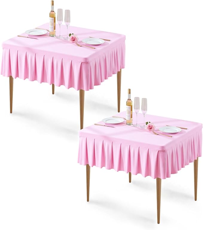 Wish Care 2 Pack Pink Spandex Tablecloths for 34x34 Inch Square Tables, Stretch Fitted Table Clothes with Pleated Ruffle Skirt for 34” Table, Wrinkle Free and Elastic, for Party Kitchen Home Dining