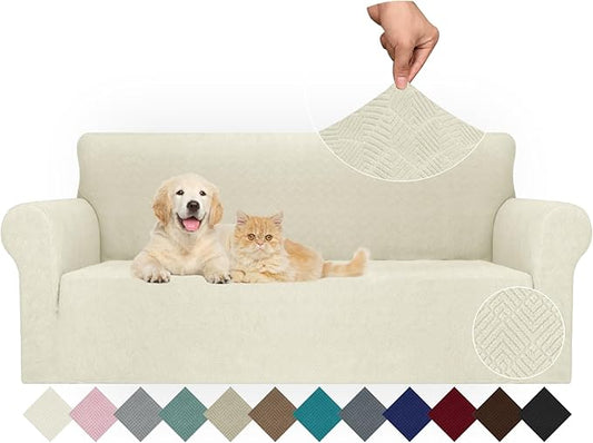 JIVINER Stretch Sofa Covers 1 Piece Couch Covers for 3 Cushion Couch Sofa, 3 Seater Sofa Slipcovers Furniture Protector with Elastic Bottom for Kids, Pets (Large, Beige Rhomb)